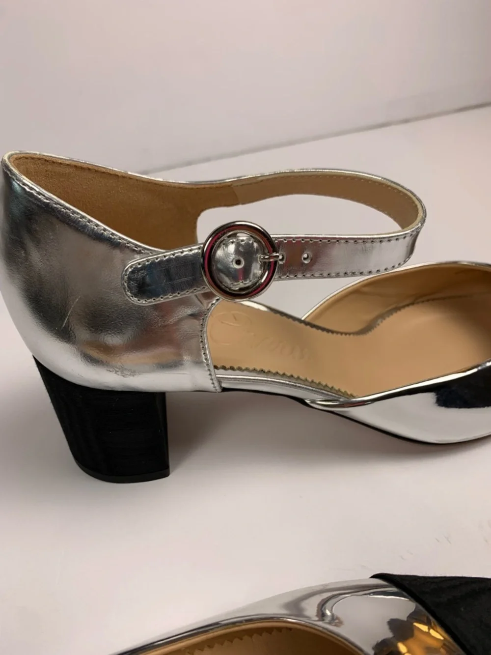 J.Crew Maisie Silver Leather Mary Jane Block Heels Black Cap Toe 9.5